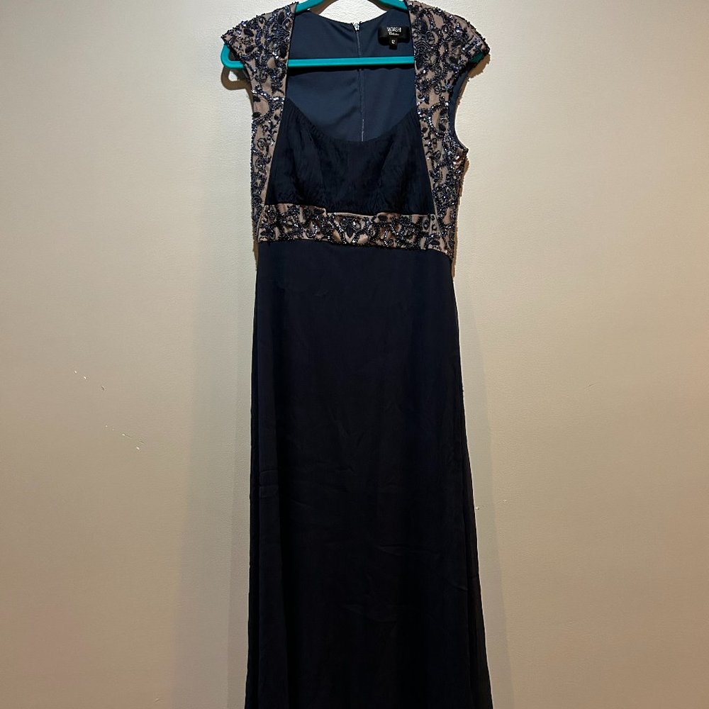 Tadashi Shoji Silk Navy Beaded Chiffon Maxi Gown Size 14